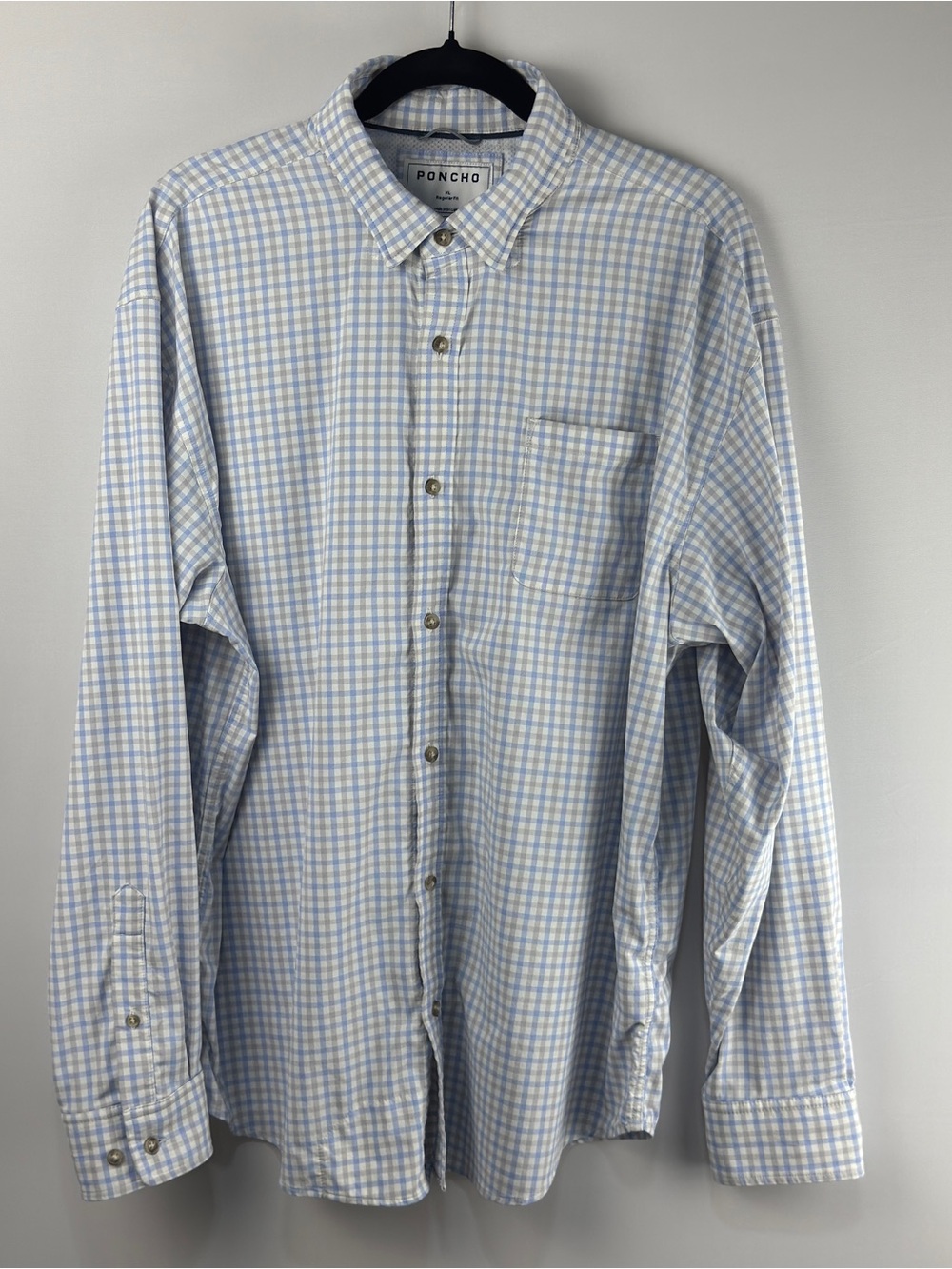 Poncho Men's Blue White plaid Check Long-Sleeve Shirt regular fit XL